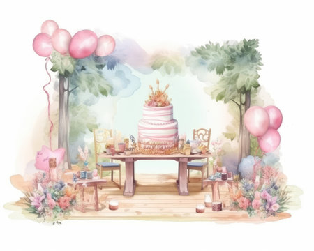Post-processed watercolor illustration of birthday celebration invitation card. Image generated with Generative AIの素材