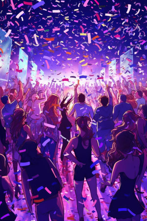 A nightclub generated confetti, purple lights, and dancing party people. Image generated with Generative AIの素材