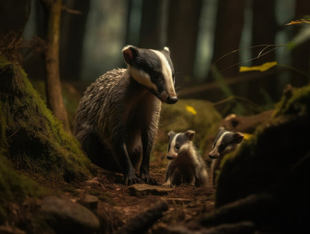 Adult Badger with babies - generated with generative AIの素材