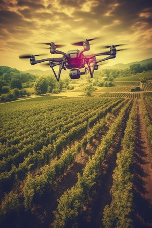 Crop fields worked on by farming drones in the future. - image generated with Generative AIの素材