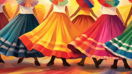 During traditional Mexican dancing, skirts fly in colorful patterns. Image generated with Generative AIの素材