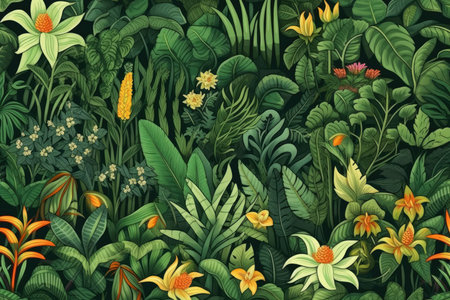 Illustration features tropical pattern and jungle vegetation. Image generated with Generative AIの素材