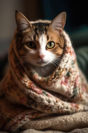 A warm blanket keeps a cute cat cozy. - image generated with Generative AIの素材
