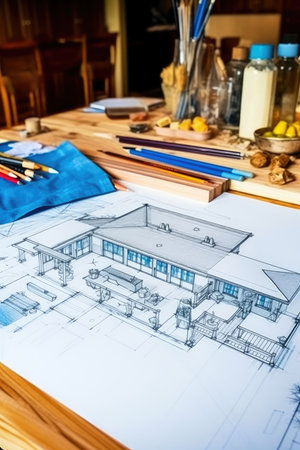 Blueprints of the house on the table depicting the construction concept. - image generated with Generative AIの素材