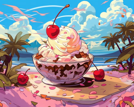 Cherry Garcia ice cream has cherry and chocolate chunks. Image generated with Generative AIの素材