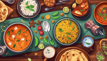 A rustic backdrop complements Indian cuisine's varied meals and snacks. Image generated with Generative AIの素材