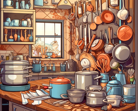 The kitchen has many utensils and cooking tools. Image generated with Generative AIの素材