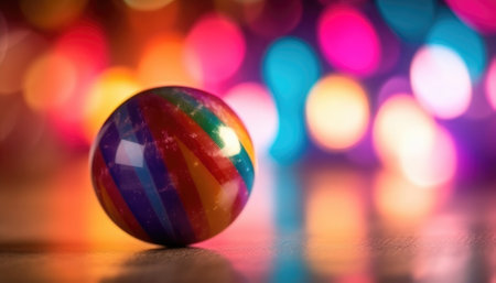 The background features bokeh lights behind a colorful bowling ball. - image generated with Generative AIの素材