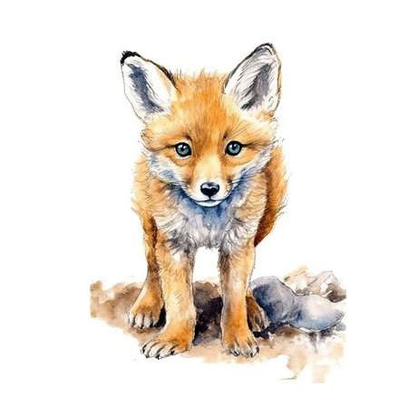 Baby Fox watercolor with ink outline on white background, high detailed - generated with generative AIの素材