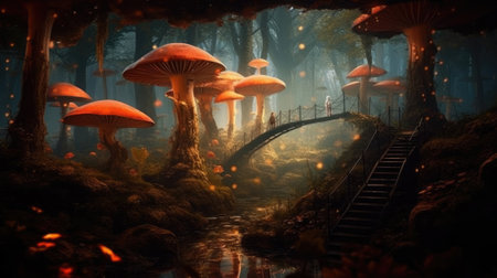 The magical forest with fairy lands and enchanting fungus is like a fairy tale. Image generated with Generative AIの素材