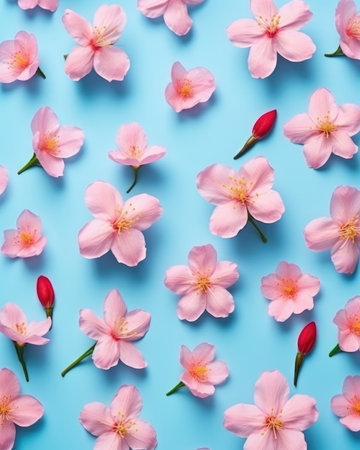 Fresh spring flowers on pastel background in creative flat lay. - image generated with Generative AIの素材