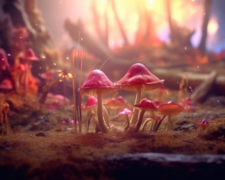 A magical forest with enchanted mushrooms and stunning digital art. Image generated with Generative AIの素材