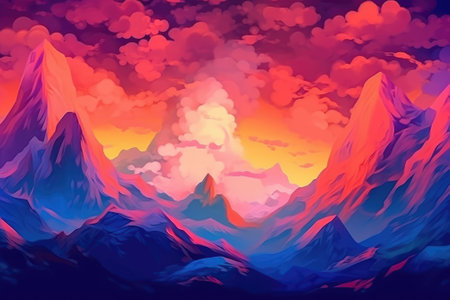 The wallpaper is an abstract, decorative, and colorful mountain background. Image generated with Generative AIの素材