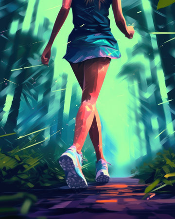 A woman jogs and walks in a rain-freshened forest. Image generated with Generative AIの素材