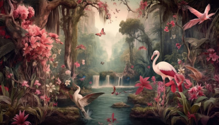 An antique drawing of a colorful jungle landscape with animals. Image generated with Generative AIの素材