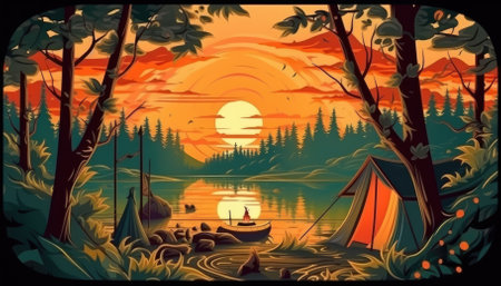 A sunset camping scene with tent, fire, and woods by lake. Image generated with Generative AIの素材