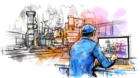A process automation engineer uses a laptop for smart factory software. - image generated with Generative AIの素材