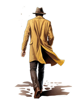 A man in a trench coat and fedora runs away. Image generated with Generative AIの素材