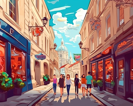 The concept is travel: students and tourists walk old Europe. Image generated with Generative AIの素材