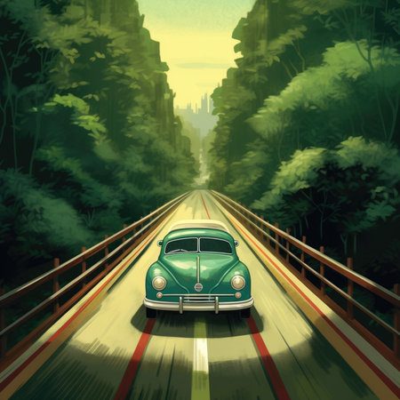 A car, green on a forest highway. Image generated with Generative AIの素材