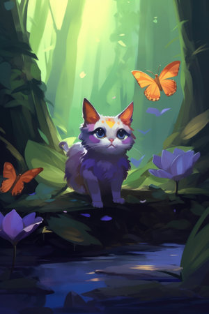 A cat and a butterfly. Image generated with Generative AIの素材