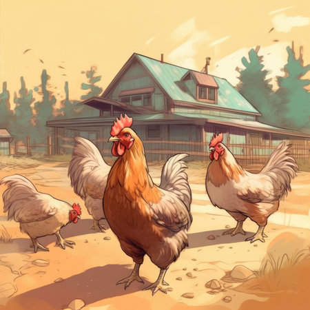 Chickens outside a farm illustrated in sunny weather. Image generated with Generative AIの素材
