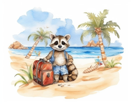 An AI-generated watercolor depicts a cute raccoon on a beach. Image generated with Generative AIの素材