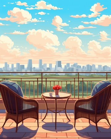 Rattan armchair set with table on terrace. Image generated with Generative AIの素材