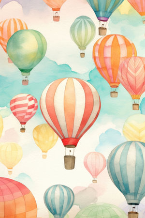 Hot air balloons in colorful watercolor. Image generated with Generative AIの素材