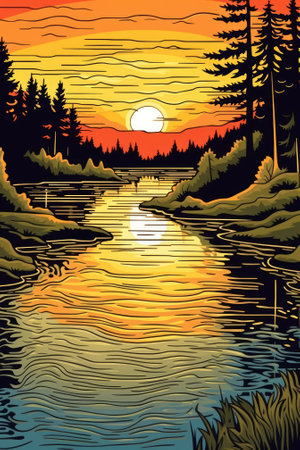 Wonderful colors in calm sunset sea or lake water. Image generated with Generative AIの素材