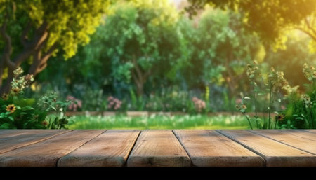 A finely placed product on a wooden garden table. Image generated with Generative AIの素材