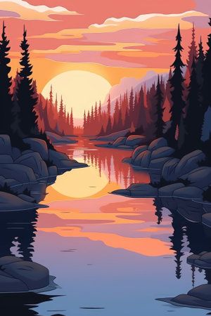 Wonderful sunset colors reflected in calm lake water. Image generated with Generative AIの素材