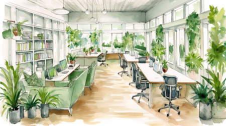 The office features sustainable design, green shades, and peace. Image generated with Generative AIの素材