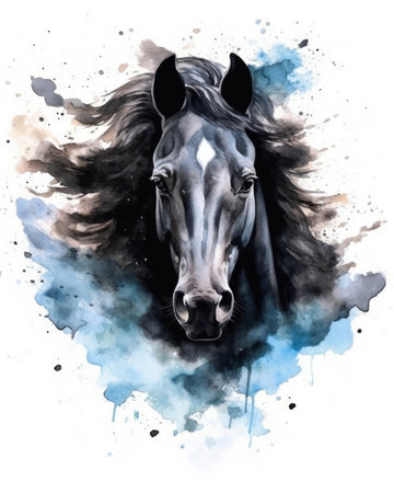 Watercolor style generated black horse. Image generated with Generative AIの素材