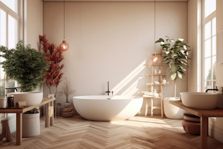 The bathroom has Japanese, boho-scandinavian, and earthy features. Image generated with Generative AIの素材