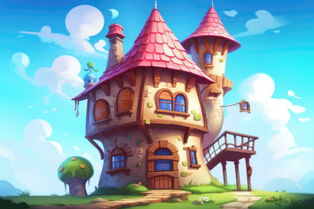 An illustration of a cute magical house, post-processed image. Image generated with Generative AIの素材