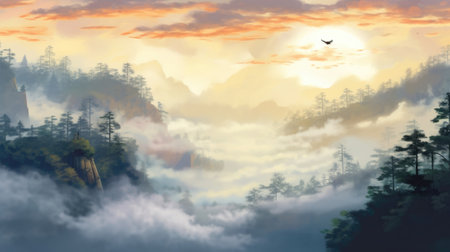 Embrace ethereal Smoky Mountain horizons with misty atmosphere. Image generated with Generative AIの素材