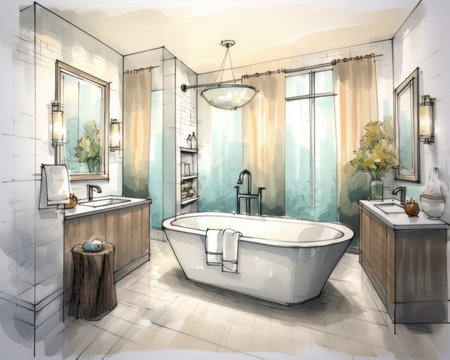 The marble bathroom has high-end fixtures, a freestanding tub, and architectural inspiration. Image generated with Generative AIの素材