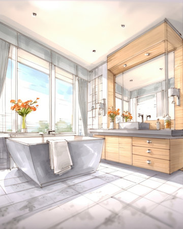 There is a luxurious marble bathroom with modern amenities. Image generated with Generative AIの素材