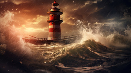 A photo of a ship in a storm near a lighthouse. Image generated with Generative AIの素材