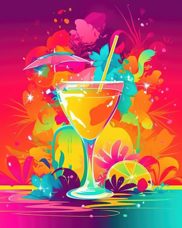 The illustration features a vivid summer background with a cocktail. - image generated with Generative AIの素材