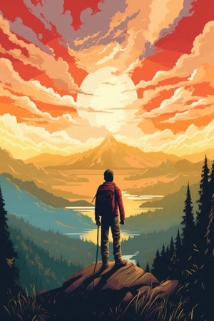 A hiker on mountain enjoying scenic view. Image generated with Generative AIの素材