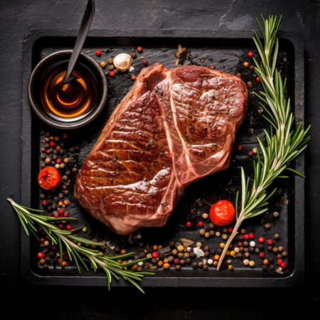 Top view of grilled beef steak with rosemary and spices on black. Image generated with Generative AIの素材
