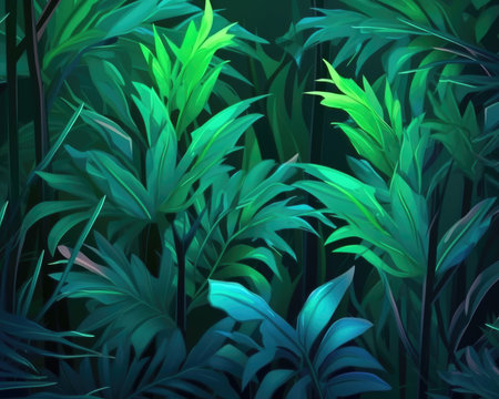 Manstera and palm leaves in neon backlight on green background. Image generated with Generative AIの素材