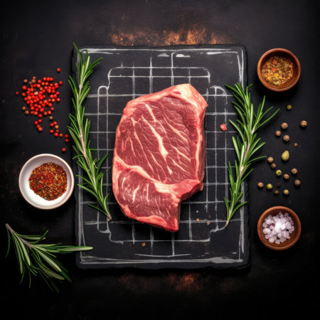 Top view of grilled beef steak with rosemary and spices on black. Image generated with Generative AIの素材