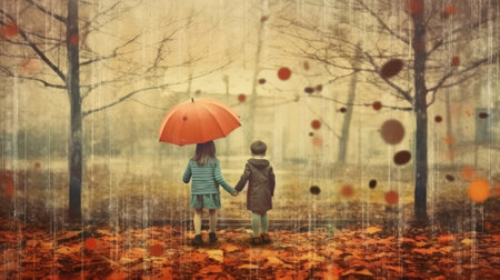 This stock photo captures childhood memories in the rain. Image generated with Generative AIの素材