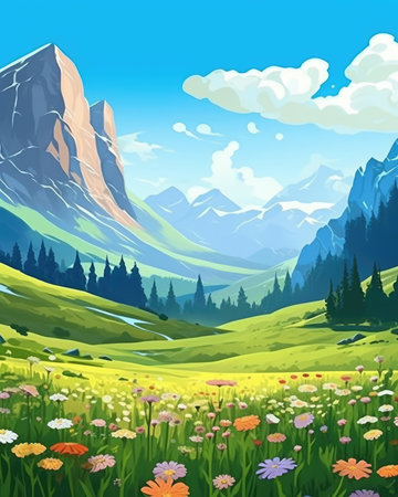 The beautiful Swiss alpine scenery features a mountain range and valley. Image generated with Generative AIの素材