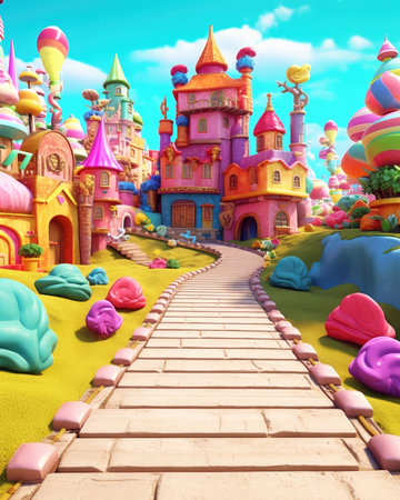 A colorful candyland background in 3D rendering. Image generated with Generative AIの素材