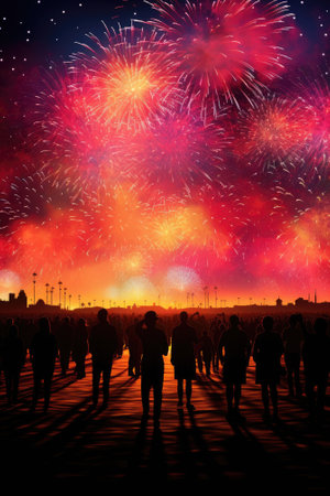 On an Independence Day beach, people watch fireworks silhouette. Image generated with Generative AIの素材