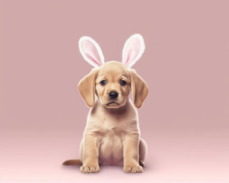 A cute puppy wearing bunny ears for happy Easter wallpaper. Image generated with Generative AIの素材